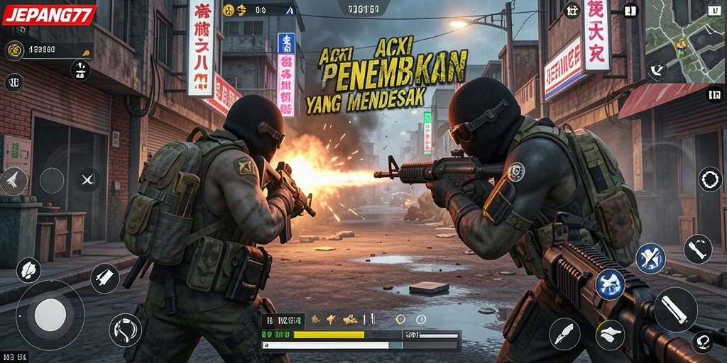Screenshot JEPANG77 menampilkan aksi menembak dalam pertempuran FPS.