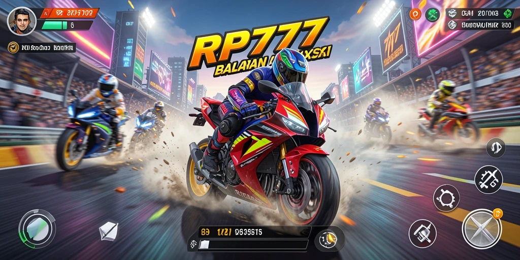 Screenshot gameplay RP777 yang menunjukkan aksi balapan motor yang seru.