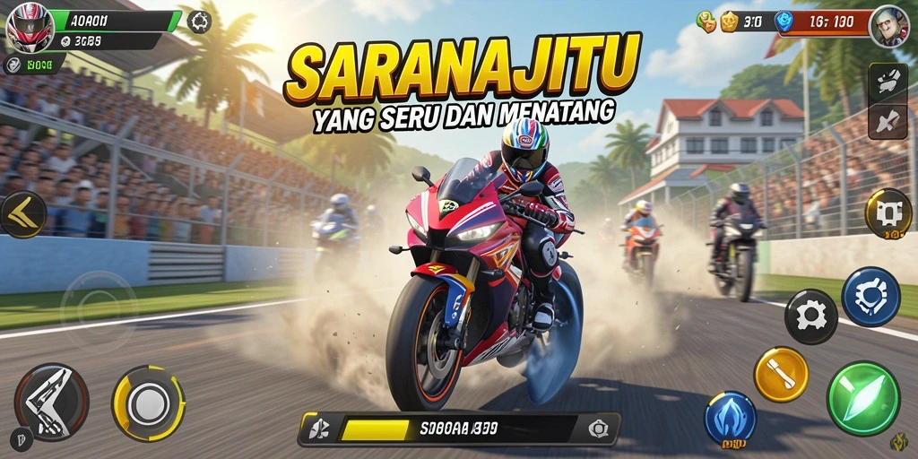 Screenshot gameplay SARANAJITU yang menunjukkan aksi balapan motor yang mendebarkan.